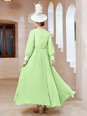 Robe de A-ligne en Mousseline avec Manches Longues à col en V Sauge Grande Taille