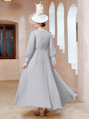 Robe de A-ligne en Mousseline avec Manches Longues à col en V Argent