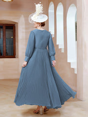 Robe de A-ligne en Mousseline avec Manches Longues à col en V Bleu de Schiste