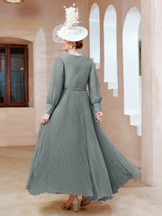 Robe de A-ligne en Mousseline avec Manches Longues à col en V Gris Acier