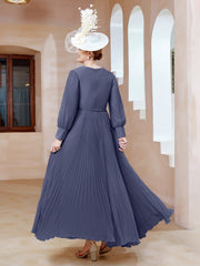 Robe de A-ligne en Mousseline avec Manches Longues à col en V Orageux Grande Taille