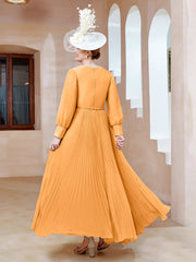 Robe de A-ligne en Mousseline avec Manches Longues à col en V Mandarine
