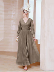 Robe de A-ligne en Mousseline avec Manches Longues à col en V Taupe Grande Taille