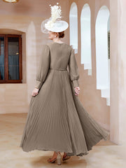 Robe de A-ligne en Mousseline avec Manches Longues à col en V Taupe Grande Taille