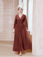 Robe de A-ligne en Mousseline avec Manches Longues à col en V Terracotta