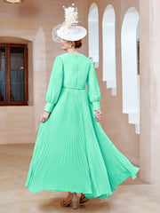 Robe de A-ligne en Mousseline avec Manches Longues à col en V Turquoise