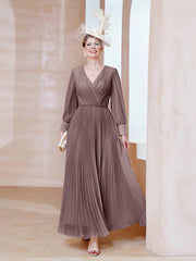 Robe de A-ligne en Mousseline avec Manches Longues à col en V Vintage Mauve Grande Taille