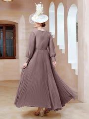 Robe de A-ligne en Mousseline avec Manches Longues à col en V Vintage Mauve Grande Taille