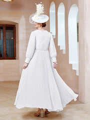 Robe de A-ligne en Mousseline avec Manches Longues à col en V Blanc