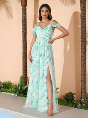 Robe Longue Taille Empire à Hors de l'Épaule avec Fente Nuage Menthe