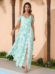 Robe Longue Taille Empire à Hors de l'Épaule avec Fente Nuage Menthe