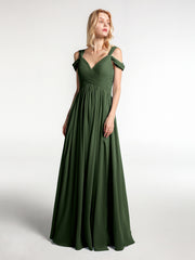 Robe Longue Taille Empire à Hors de l'Épaule avec Fente Olive Verte