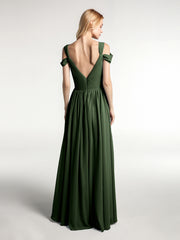 Robe Longue Taille Empire à Hors de l'Épaule avec Fente Olive Verte