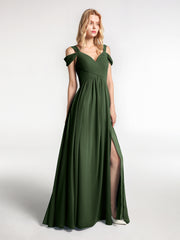 Robe Longue Taille Empire à Hors de l'Épaule avec Fente Olive Verte