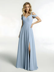 Robe Longue Taille Empire à Hors de l'Épaule avec Fente Bleu Ciel