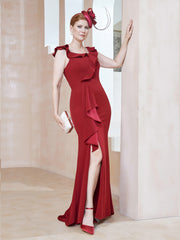 Robe Fourreau en Crêpe Stretch avec Fente Rouge