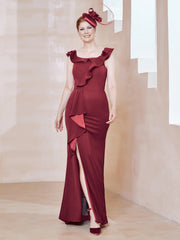 Robe Fourreau en Crêpe Stretch avec Fente Bordeaux Grande Taille