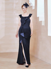 Robe Fourreau en Crêpe Stretch avec Fente Bleu Marine Grande Taille