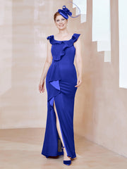 Robe Fourreau en Crêpe Stretch avec Fente Bleu Royale