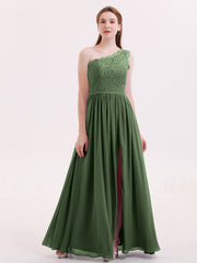 Une Epaule Mousseline et Dentelle Robe avec Fente Olive Verte Grande Taille