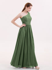 Une Epaule Mousseline et Dentelle Robe avec Fente Olive Verte Grande Taille