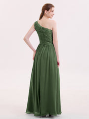 Une Epaule Mousseline et Dentelle Robe avec Fente Olive Verte Grande Taille