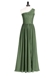 Une Epaule Mousseline et Dentelle Robe avec Fente Olive Verte