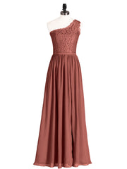 Une Epaule Mousseline et Dentelle Robe avec Fente terracotta Grande Taille