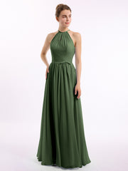 Longue Licou Mousseline Robes Avec Dos Nu Olive Verte Grande Taille