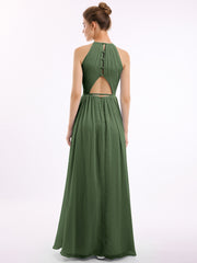 Longue Licou Mousseline Robes Avec Dos Nu Olive Verte