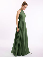Longue Licou Mousseline Robes Avec Dos Nu Olive Verte
