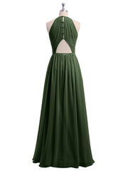 Longue Licou Mousseline Robes Avec Dos Nu Olive Verte