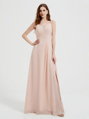 Spaghetti Bretelles Col En V Robes Avec Fente Rose Perle