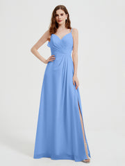 Spaghetti Bretelles Col En V Robes Avec Fente Bleu Grande Taille