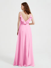 Spaghetti Bretelles Col En V Robes Avec Fente Rose Bonbon