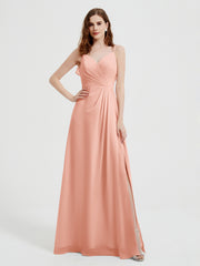 Spaghetti Bretelles Col En V Robes Avec Fente Corail Grande Taille