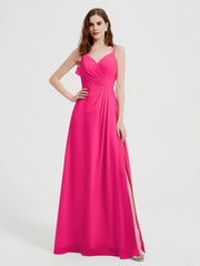 Spaghetti Bretelles Col En V Robes Avec Fente Fuchsia
