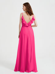 Spaghetti Bretelles Col En V Robes Avec Fente Fuchsia