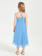 Junior Robes de Demoiselle d'Honneur Longueur de Mollet avec Jupe Asymétrique Bleu