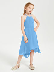 Junior Robes de Demoiselle d'Honneur Longueur de Mollet avec Jupe Asymétrique Bleu