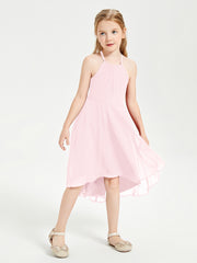 Junior Robes de Demoiselle d'Honneur Longueur de Mollet avec Jupe Asymétrique Rose Pâle