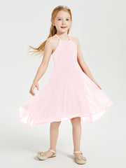 Junior Robes de Demoiselle d'Honneur Longueur de Mollet avec Jupe Asymétrique Rose Pâle