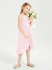 Junior Robes de Demoiselle d'Honneur Longueur de Mollet avec Jupe Asymétrique Rose Pâle