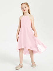 Junior Robes de Demoiselle d'Honneur Longueur de Mollet avec Jupe Asymétrique Rose Pâle