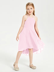 Junior Robes de Demoiselle d'Honneur Longueur de Mollet avec Jupe Asymétrique Rose Bonbon