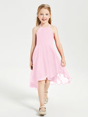 Junior Robes de Demoiselle d'Honneur Longueur de Mollet avec Jupe Asymétrique Rose Bonbon