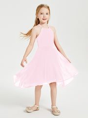 Junior Robes de Demoiselle d'Honneur Longueur de Mollet avec Jupe Asymétrique Rose Bonbon