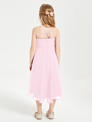 Junior Robes de Demoiselle d'Honneur Longueur de Mollet avec Jupe Asymétrique Rose Bonbon