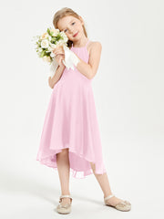 Junior Robes de Demoiselle d'Honneur Longueur de Mollet avec Jupe Asymétrique Rose Bonbon