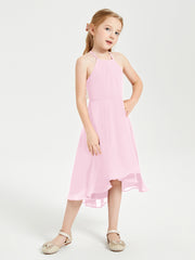 Junior Robes de Demoiselle d'Honneur Longueur de Mollet avec Jupe Asymétrique Rose Bonbon